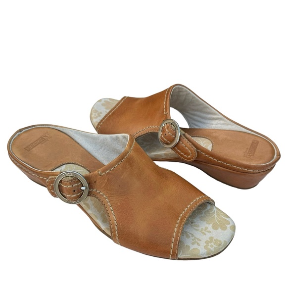 PIKOLINOS Brown Cognac Leather Buckle Detail Wedge Sandals Slides Women’s - Picture 1 of 17